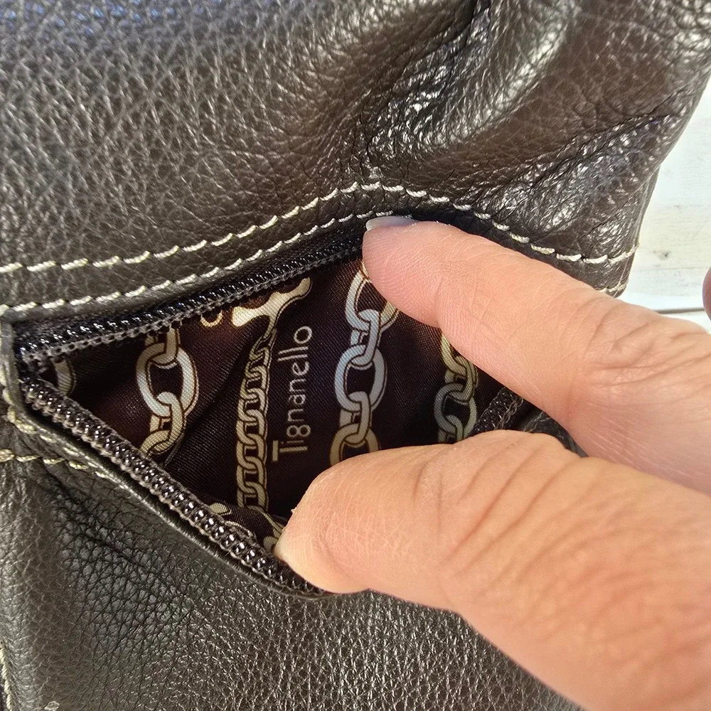 Tignanello Dark Brown Pebbled Leather Crossbody‎ Bag Organizer Contrast Stitch